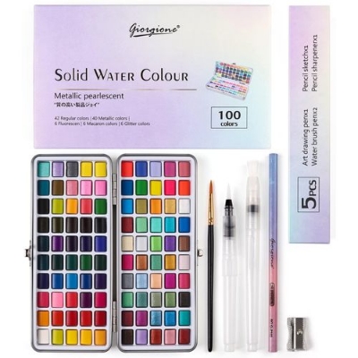 Picture of Giorgione G-ZG 100 colors metallic pearlescent solid watercolor paint with water ink brush set with metal box