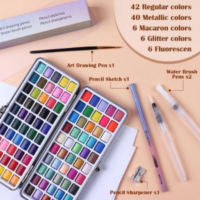 Picture of Giorgione G-ZG 100 colors metallic pearlescent solid watercolor paint with water ink brush set with metal box