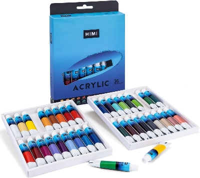 Picture of HIMI Acrylic Paint Set 36 Colours 12ml,0.4 US fl oz Tubes, Perfect for Canvas, Wood, Fabric, Leather, Cardboard, Paper, MDF and Crafts