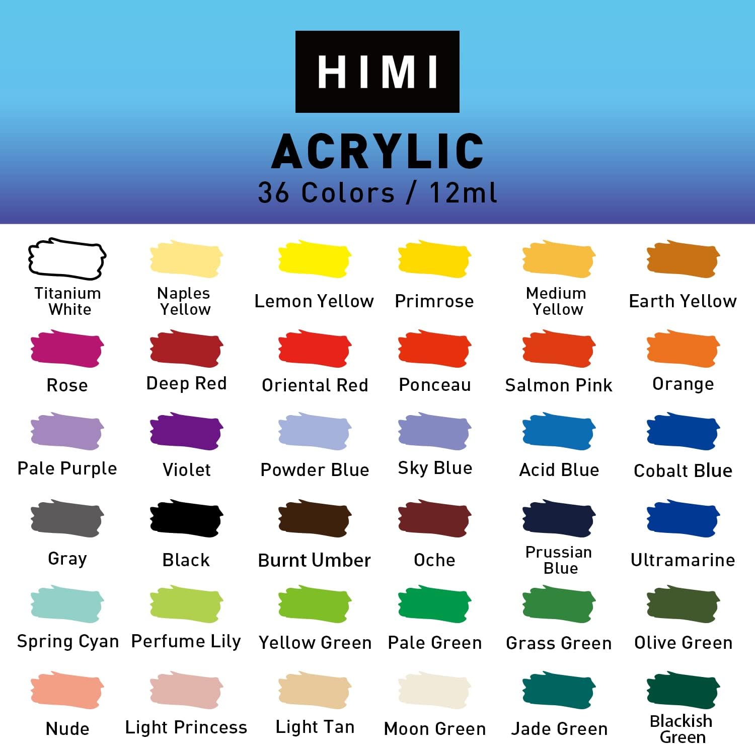 Picture of HIMI Acrylic Paint Set 36 Colours 12ml,0.4 US fl oz Tubes, Perfect for Canvas, Wood, Fabric, Leather, Cardboard, Paper, MDF and Crafts