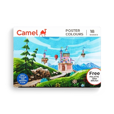 Picture of Camel poster color Pack of 18 shade bottles 10ml each, 1 palette, 1 brush