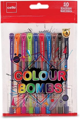 Picture of Cello Colour Bombs Coloured Ink Gel Pens | Pack of 10 | 10 Vivid Ink Colours | Coloured Gel Pens | Gel Pen for Students| Ideal for Art, Project work, Journal Work, Presentations