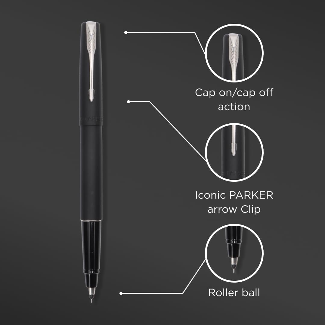 Picture of Parker Frontier Matte Black Gun Metal Trim Roller Ball Pen| Ink Color - Blue | Perfect For Corporate Use | Elite Pen For Professionals