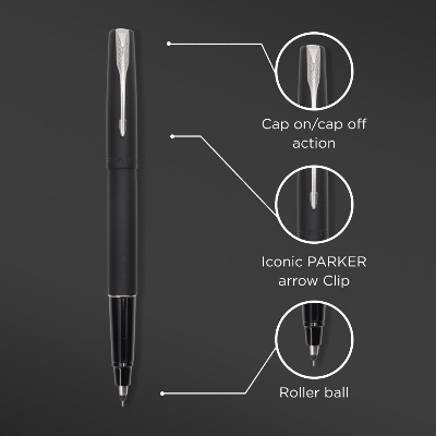 Picture of Parker Frontier Matte Black Gun Metal Trim Roller Ball Pen| Ink Color - Blue | Perfect For Corporate Use | Elite Pen For Professionals