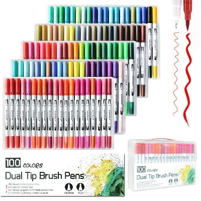Picture of 100 Color Dual Tip Brush Pens Art Markers Set