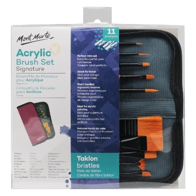 Picture of Mont Marte Signature Paint Brush Set - Acrylic Taklon Bristle In Wallet 11pc