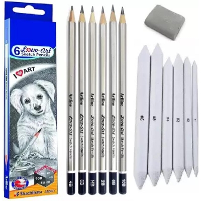 Picture of Artline Set of 6 Sketch Pencils + Blending/Smudging Stumps Set of 6 (Size 1 to 6) and OneKneadable Eraser for Graphite and Charcoal Pencils