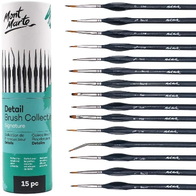 Picture of Mont Marte Signature Detail Brush Collection, 15 Piece, Taklon Bristles, Suitable for Acrylic, Oil, Watercolor and Gouache Paints, Includes Storage Bag