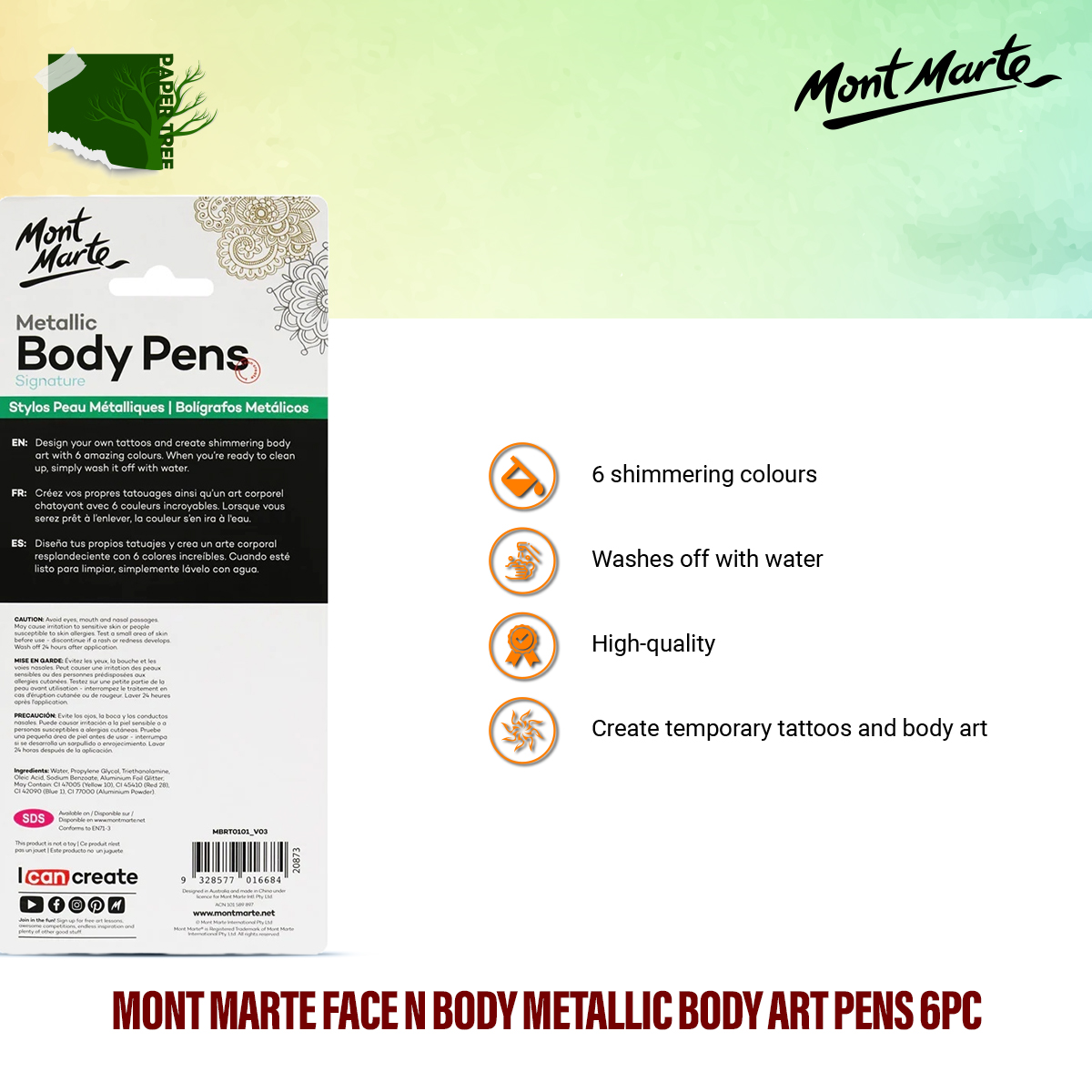 Picture of Mont Marte Face n Body Metallic Body Art Pen - Great for parties, special events, festivals and more Create temporary tattoos and body art