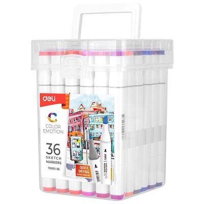 Picture of Deli 70801-36 Dual Tip Quick Drying Alcohol Solvent Ink Based Art Sketch Marker Set - Fine 1mm and Chisel 7mm Nibs Versatile and Vibrant Colors