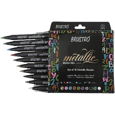 Picture of BRUSTRO Metallic Brush Pens - Soft Brush Tip for Calligraphy, Hand Lettering, Colouring, Scrapbooking, Card Making - Set of 10 Colors.