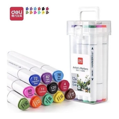 Picture of Deli E70803-12 Sketch marker Dual Tip Art Marker, Brush and Chisel, Sketch Marker for Painting Sketching Calligraphy Drawing, Colouring Marker Pens for Sketching 12 Colours
