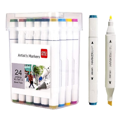 Picture of Deli E70803-24 Sketch marker Dual Tip Art Marker, Brush and Chisel, Sketch Marker for Painting Sketching Calligraphy Drawing, Colouring Marker Pens for Sketching 24 Colours