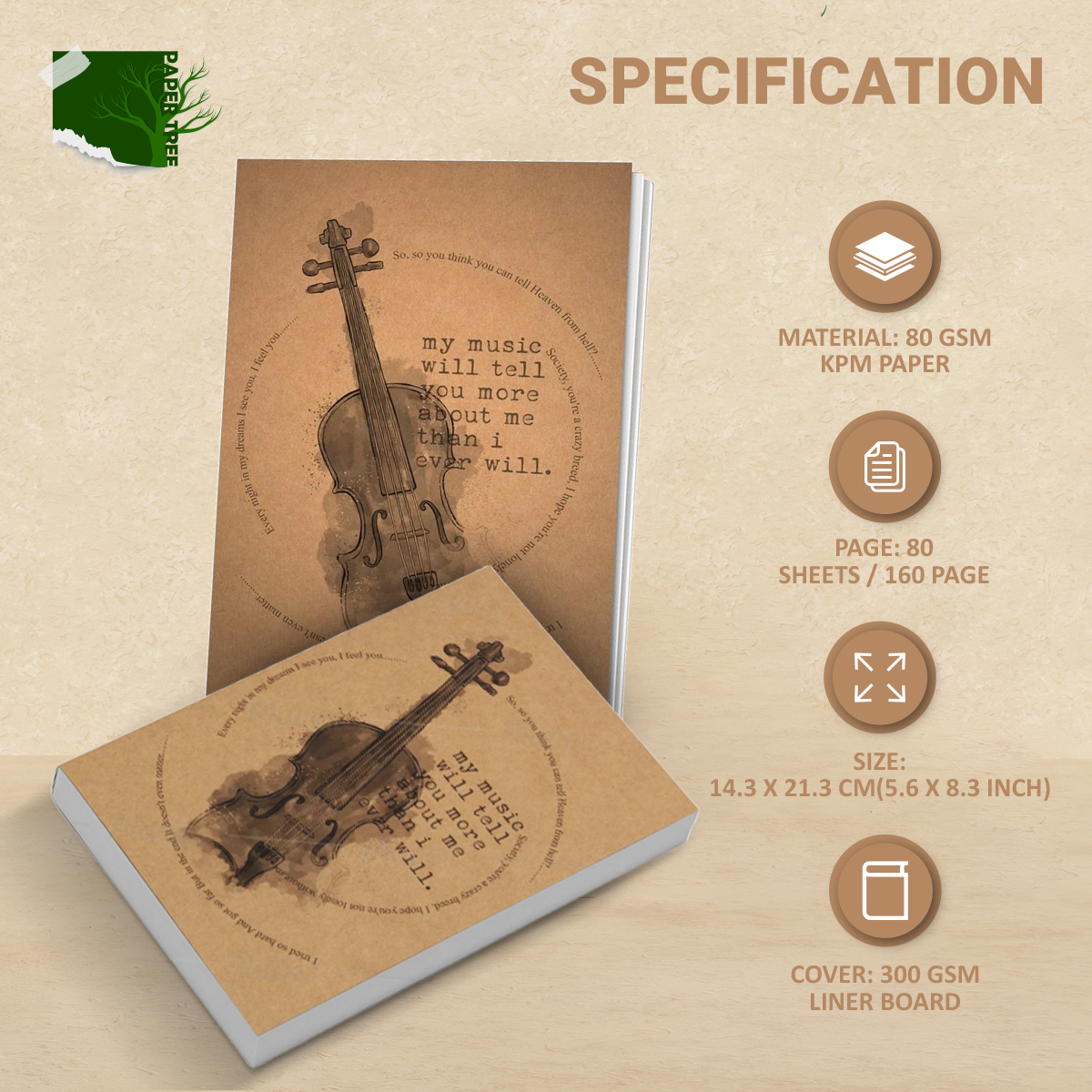 Picture of Papertree Vintage A5 Notebook Drawing Sketchpad(My Music Will Tell) | Perfect For ● Graphite Pencils ● Colour Pencils ● Pastel Pencils ● Charcoal Pencils ● Soft Pastels ● Oil Pastels ● Metallic markers