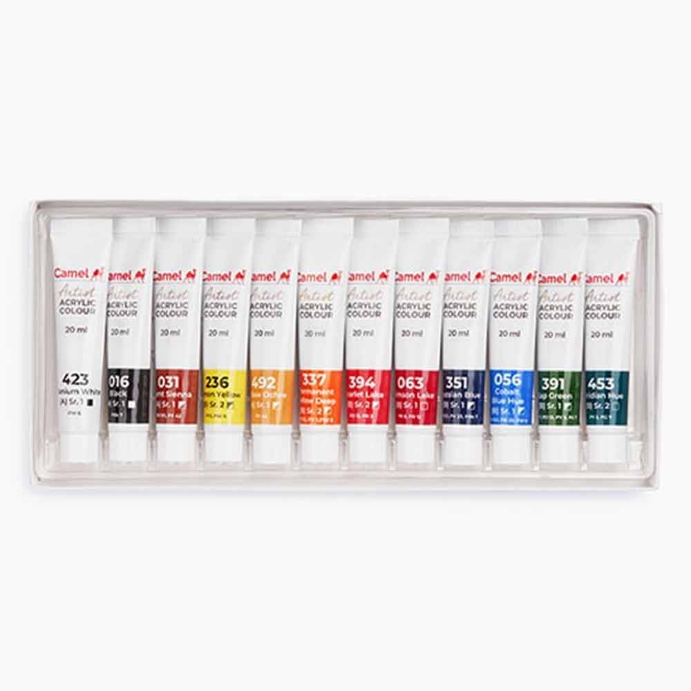 Picture of Camel Artists Acrylic Color Set of 12 assorted Shades in 20 ml tube