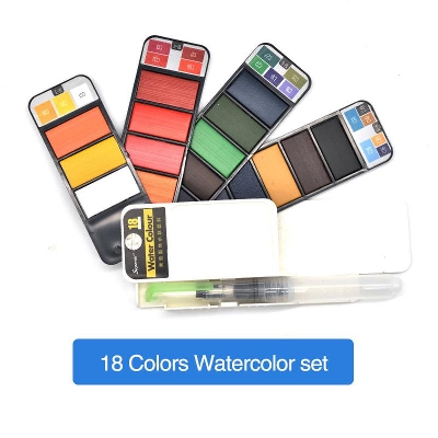 Picture of Supirior Solid Watercolor Paint Set with Water Brush Portable Water Pigment Color To Draw - 18 color