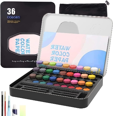 Picture of Keep Smiling 36 Watercolor Paint Sets Water Color Pigment School Painting Drawing Art Supplies With Painting Brush And Sponge Tin Box Set 36,Multicolor