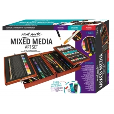 Picture of Mont Marte Premium Deluxe Painting Set, 174 Piece High-Quality Wooden Painting Case with Essential Painting Media, Acrylic, Watercolour, Oil, Pastel, Pens, Brushes and Much More