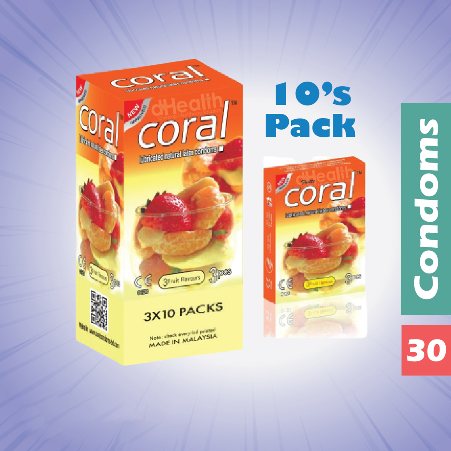 Picture of Coral 3 Fruits Flavor Condom Fruits Full Box / 10's Pack (30 Pcs)