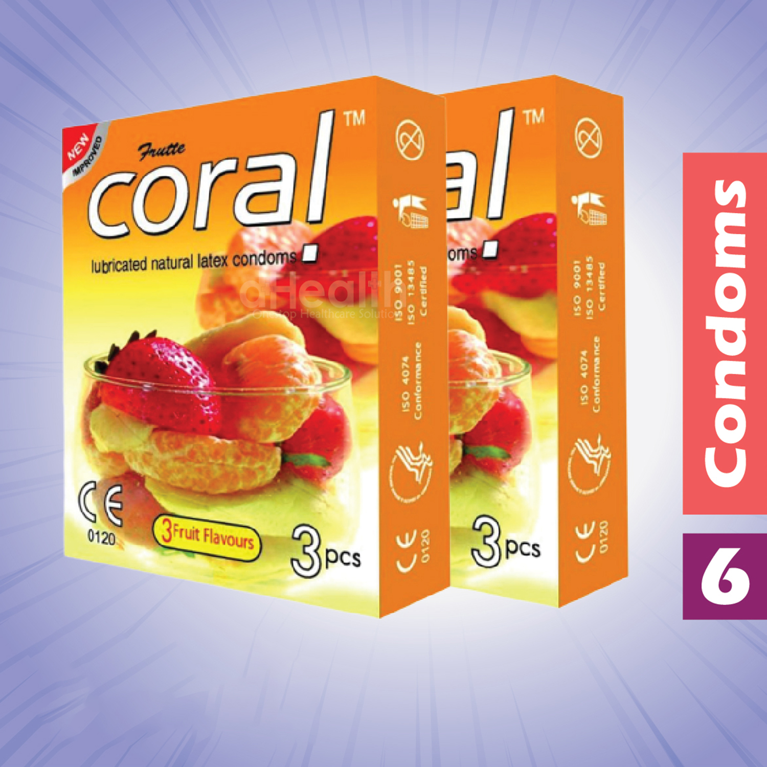 Picture of Coral 3 Fruits Flavor Condom Fruits 2's Combo Pack, 6 Pcs