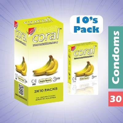 Picture of Coral Banana Flavor Condom Full Box / 10's Pack (30 Pcs)