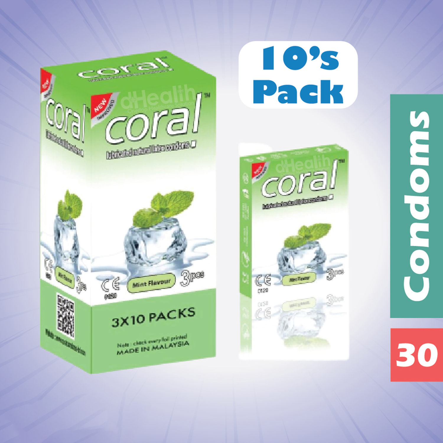 Picture of Coral Mint Flavor Condom Full Box / 10's Pack (30 Pcs)