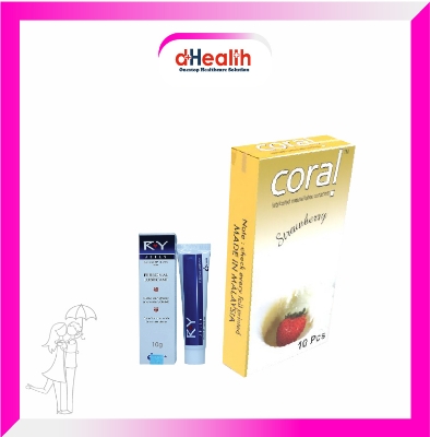 Picture of Coral Strawberry Flavored Lubricated Natural Latex Condoms Single Pack(1x10)=10Pcs & RY Jelly 10g Personal Lubricate Combo Pack