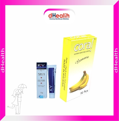 Picture of Coral Banana Flavored Lubricated Natural Latex Condoms Single Pack(1x10)=10Pcs & RY Jelly 10g Personal Lubricate Combo Pack