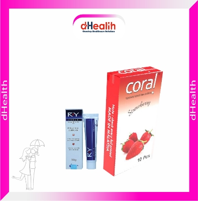 Picture of Coral Strawberry Flavored Lubricated Natural Latex Condoms Single Pack(1x10)=10Pcs & RY Jelly 10g Personal Lubricate Combo Pack