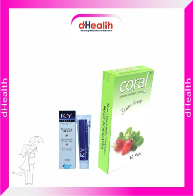 Picture of Coral Strawberry Flavored Lubricated Natural Latex Condoms Single Pack(1x10)=10Pcs & RY Jelly 10g Personal Lubricate Combo Pack