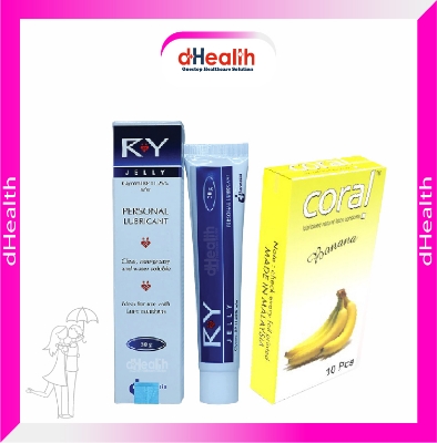 Picture of Coral Banana Flavored Lubricated Natural Latex Condoms Single Pack(1x10)=10Pcs & RY Jelly 30g Personal Lubricate Combo Pack
