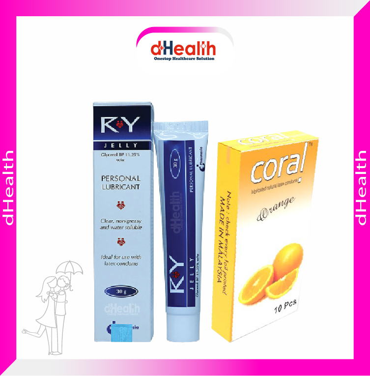 Picture of Coral Orange Flavored Lubricated Natural Latex Condoms Single Pack(1x10)=10Pcs & RY Jelly 30g Personal Lubricate Combo Pack