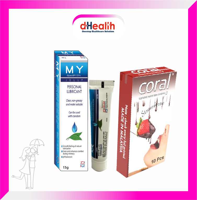 Picture of Coral Strawberry Flavored Lubricated Natural Latex Condoms Single Pack(1x10)=10Pcs & MY Jelly 15g Personal Lubricate Combo Pack