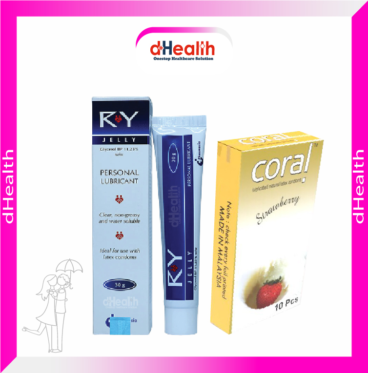Picture of Coral Strawberry Flavored Lubricated Natural Latex Condoms Single Pack(1x10)=10Pcs & RY Jelly 30g Personal Lubricate Combo Pack