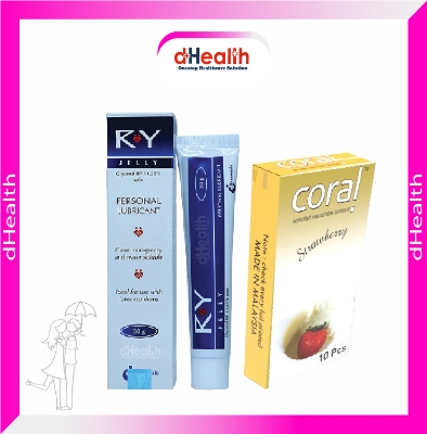 Picture of Coral Strawberry Flavored Lubricated Natural Latex Condoms Single Pack(1x10)=10Pcs & RY Jelly 30g Personal Lubricate Combo Pack