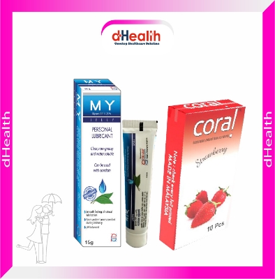 Picture of Coral Strawberry Flavored Lubricated Natural Latex Condoms Single Pack(1x10)=10Pcs & MY Jelly 15g Personal Lubricate Combo Pack