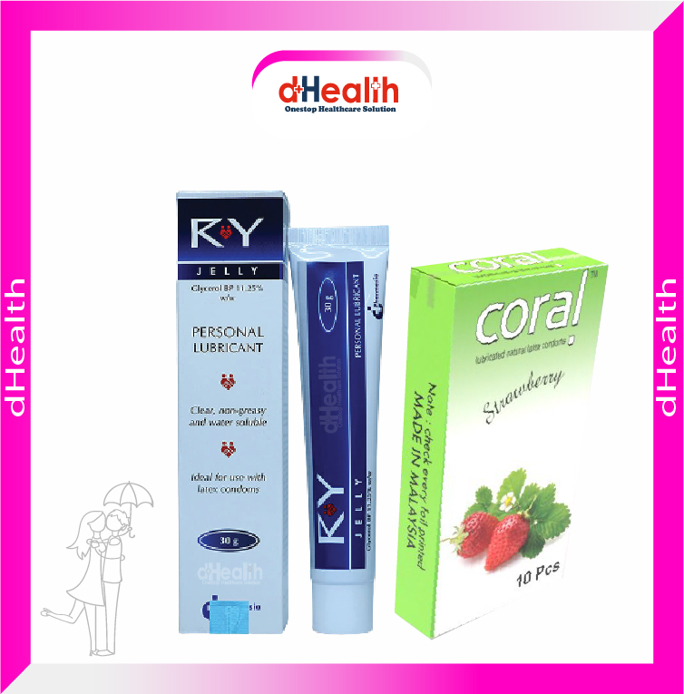Picture of Coral Strawberry Flavored Lubricated Natural Latex Condoms Single Pack(1x10)=10Pcs & RY Jelly 30g Personal Lubricate Combo Pack