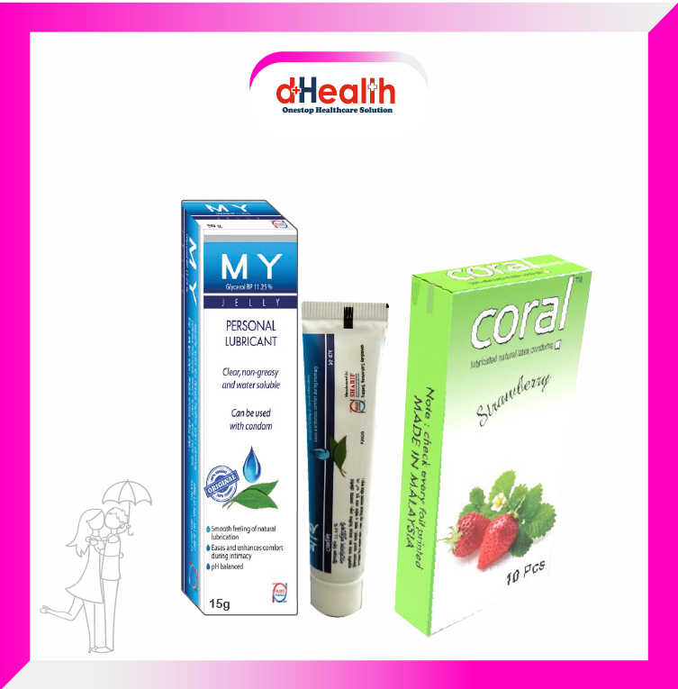 Picture of Coral Strawberry Flavored Lubricated Natural Latex Condoms Single Pack(1x10)=10Pcs & MY Jelly 15g Personal Lubricate Combo Pack