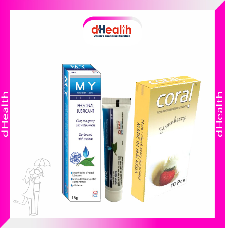 Picture of Coral Strawberry Flavored Lubricated Natural Latex Condoms Single Pack(1x10)=10Pcs & MY Jelly 15g Personal Lubricate Combo Pack