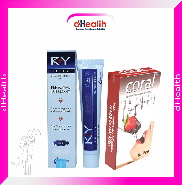 Picture of Coral Strawberry Flavored Lubricated Natural Latex Condoms Single Pack(1x10)=10Pcs & RY Jelly 30g Personal Lubricate Combo Pack