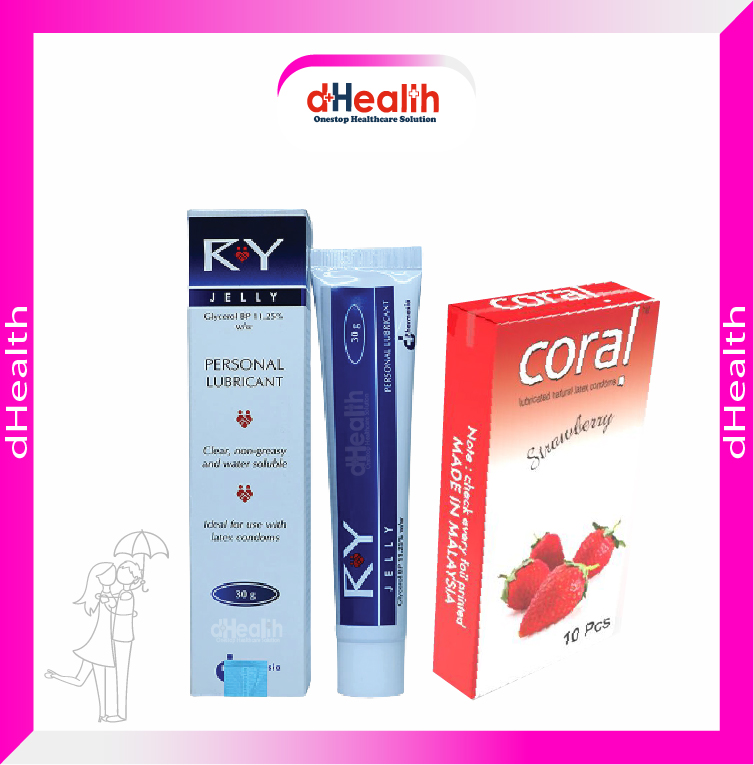 Picture of Coral Strawberry Flavored Lubricated Natural Latex Condoms Single Pack(1x10)=10Pcs & RY Jelly 30g Personal Lubricate Combo Pack