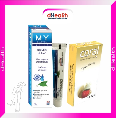 Picture of Coral Strawberry Flavored Lubricated Natural Latex Condoms Single Pack(1x10)=10Pcs & MY Jelly 50g Personal Lubricate Combo Pack