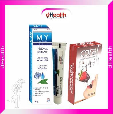 Picture of Coral Strawberry Flavored Lubricated Natural Latex Condoms Single Pack(1x10)=10Pcs & MY Jelly 50g Personal Lubricate Combo Pack