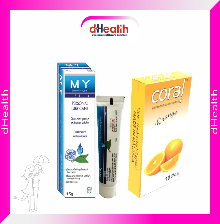 Picture of Coral Orange Flavored Lubricated Natural Latex Condoms Single Pack(1x10)=10Pcs & MY Jelly 15g Personal Lubricate Combo Pack