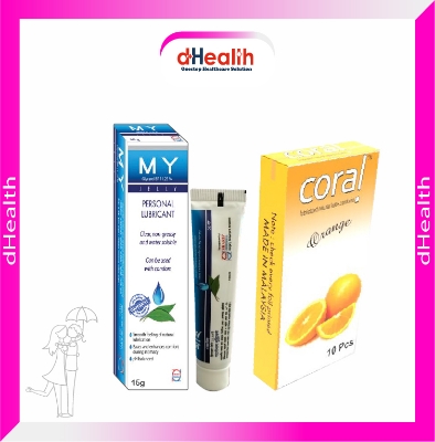 Picture of Coral Orange Flavored Lubricated Natural Latex Condoms Single Pack(1x10)=10Pcs & MY Jelly 15g Personal Lubricate Combo Pack