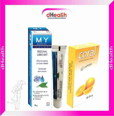 Picture of Coral Orange Flavored Lubricated Natural Latex Condoms Single Pack(1x10)=10Pcs & MY Jelly 50g Personal Lubricate Combo Pack