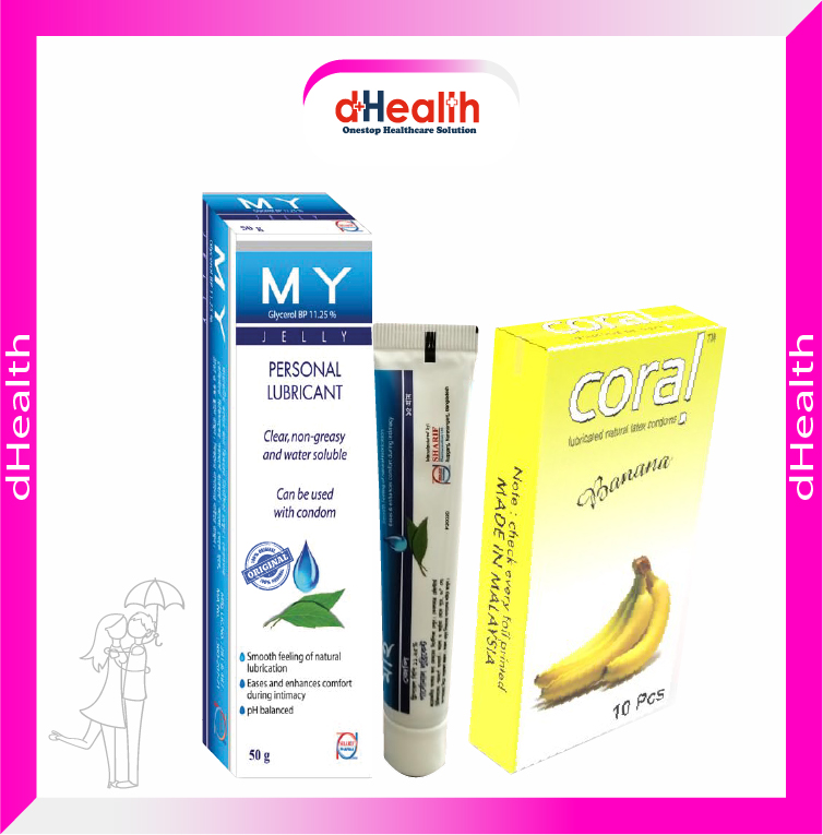 Picture of Coral Banana Flavored Lubricated Natural Latex Condoms Single Pack(1x10)=10Pcs & MY Jelly 50g Personal Lubricate Combo Pack