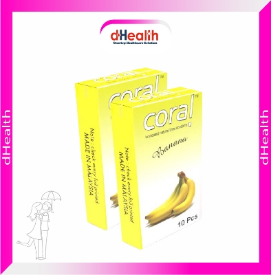 Picture of Coral Banana Flavored Lubricated Natural Latex Condoms (2x10)=20Pcs Combo Pack
