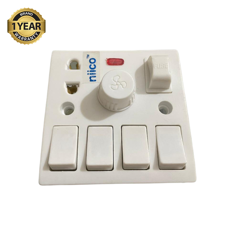 Picture of NIICO 4 Gang switch + Fan Regulator+ 2 Pin socket + Fuse Multifunction Socket Wall Switch Model-055( 1 Year Warranty)