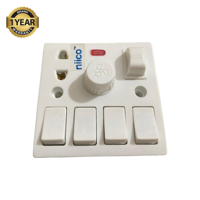 Picture of NIICO 4 Gang switch + Fan Regulator+ 2 Pin socket + Fuse Multifunction Socket Wall Switch Model-055( 1 Year Warranty)